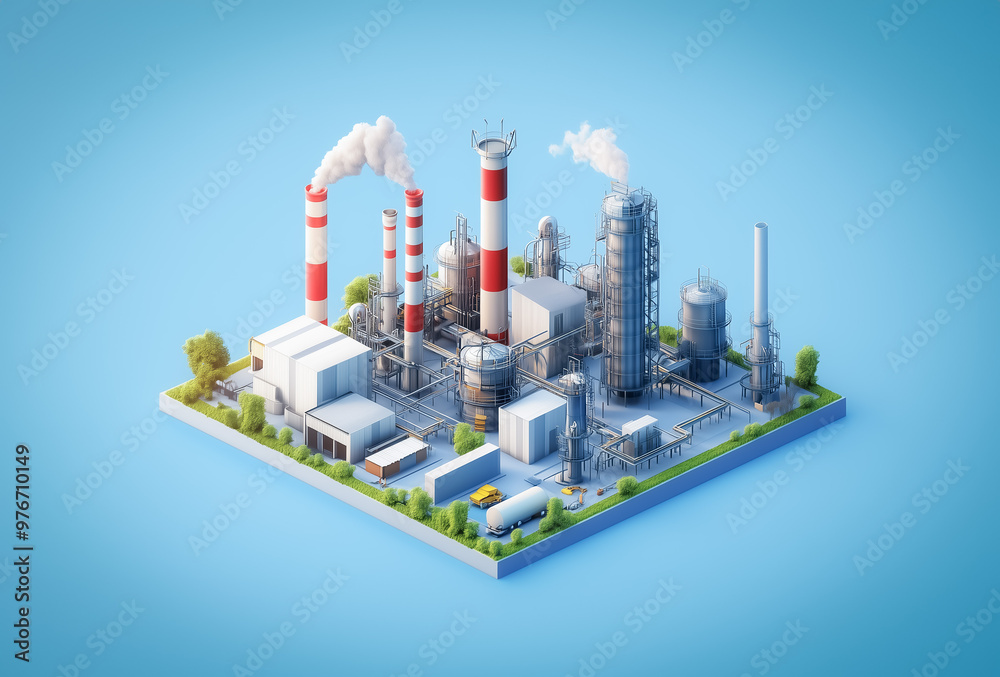 A highly detailed 3D isometric factory on a blue background, with red-striped chimneys emitting white smoke, showcasing industrial structures and complex pipelines, reflecting advanced production A highly detailed 3D isometric factory on a blue background, with red-striped chimneys emitting white smoke, showcasing industrial structures and complex pipelines, reflecting advanced production