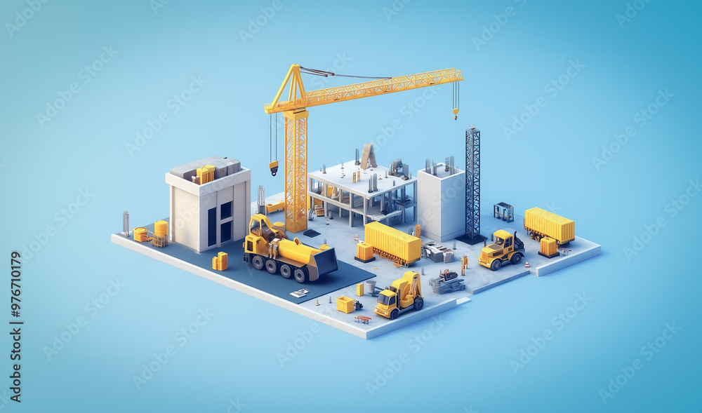 An isometric construction site scene with a yellow crane, trucks, and machinery working on a building in progress. The detailed equipment and vehicles create a busy industrial atmosphere An isometric construction site scene with a yellow crane, trucks, and machinery working on a building in progress. The detailed equipment and vehicles create a busy industrial atmosphere