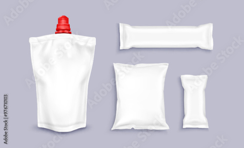 3D pouch and plastic packages mockup set isolated on background. Vector realistic illustration of blank white sachet, sauce doypack, chips bag, wrap for snack, candy, wet wipes, refill soap container
