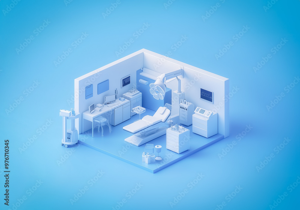 High-tech diagnostic lab in 3D isometric style, featuring advanced medical equipment and a clean blue-white color palette. High-tech diagnostic lab in 3D isometric style, featuring advanced medical equipment and a clean blue-white color palette.