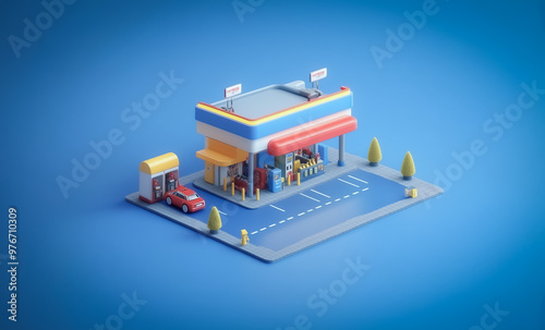 Vibrant 3D isometric design of a gas station on a blue background, featuring vehicles and fuel pumps. The scene captures the essence of a clean, modern service station with detailed elements