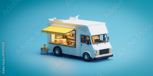 A vibrant 3D food truck in isometric style, fully stocked with food items and displayed against a blue background, ready to serve customers.