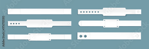 Bracelet ticket mockups set isolated on background. Vector realistic illustration of wrist band for access to vip event, concert, music show, festival or exhibition, hospital patient identification