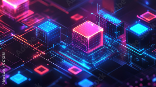 Vaporwave Cyberpunk 3D cubes. Futuristic HUD design elements. Concept featuring a computer server algorithm array and cyber game elements. Vector illustration.