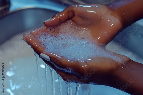 Close-up of woman's hands with water and foam.hand washing awareness week. photo