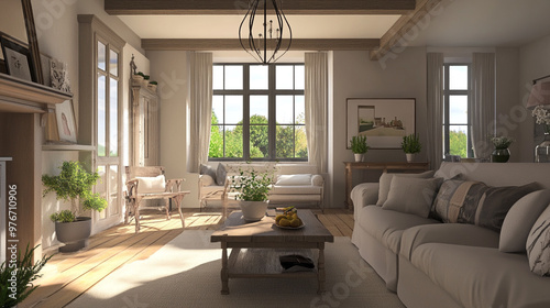 Sunny  tranquil modern luxury home showcase interior living room with ocean view  modern living room interior with comfortable furnitures.