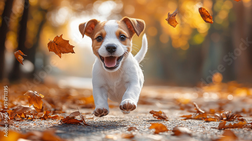 A Jack Russell puppy walkin...