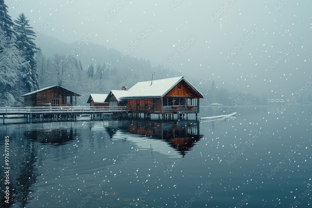 Fototapeta premium On snowy days, the wooden pavilion and boardwalk by the lake