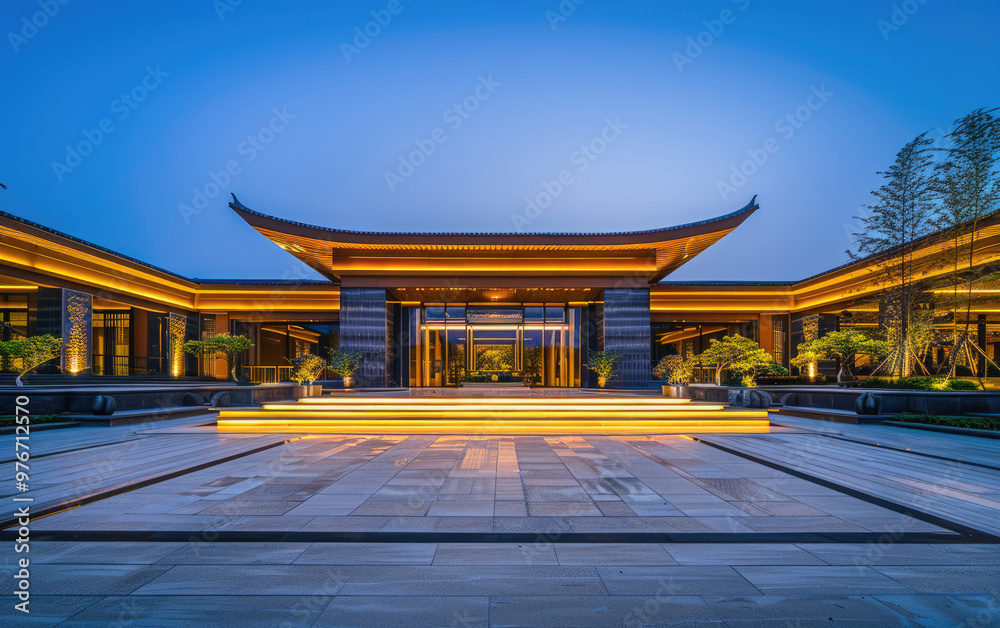 Obraz premium At night, the gatehouse of a residential community