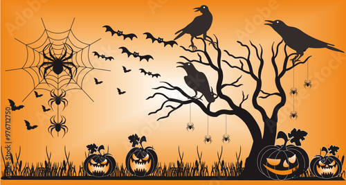 Moon and bat nighttime background for halloween day in vector silhouette illustration