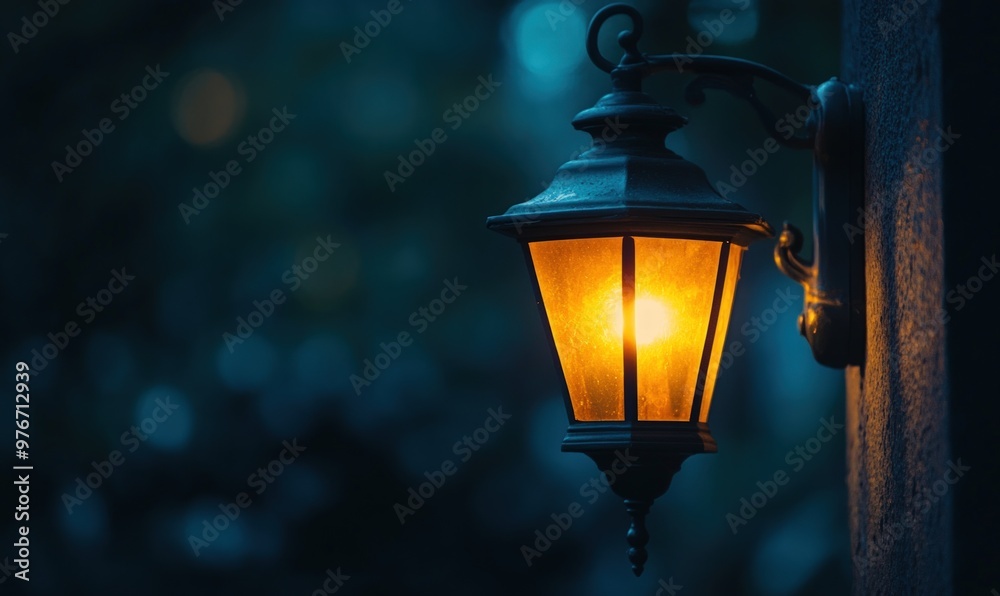 A warm, glowing street lamp illuminates a dark, leafy background. A warm, glowing street lamp illuminates a dark, leafy background.