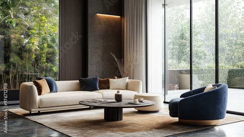 Minimalist modern living room interior background, living room mock up in scandinavian style, Beautiful and large living room interior with hardwood floors