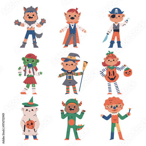 Kids in Halloween costumes vector cartoon characters set.