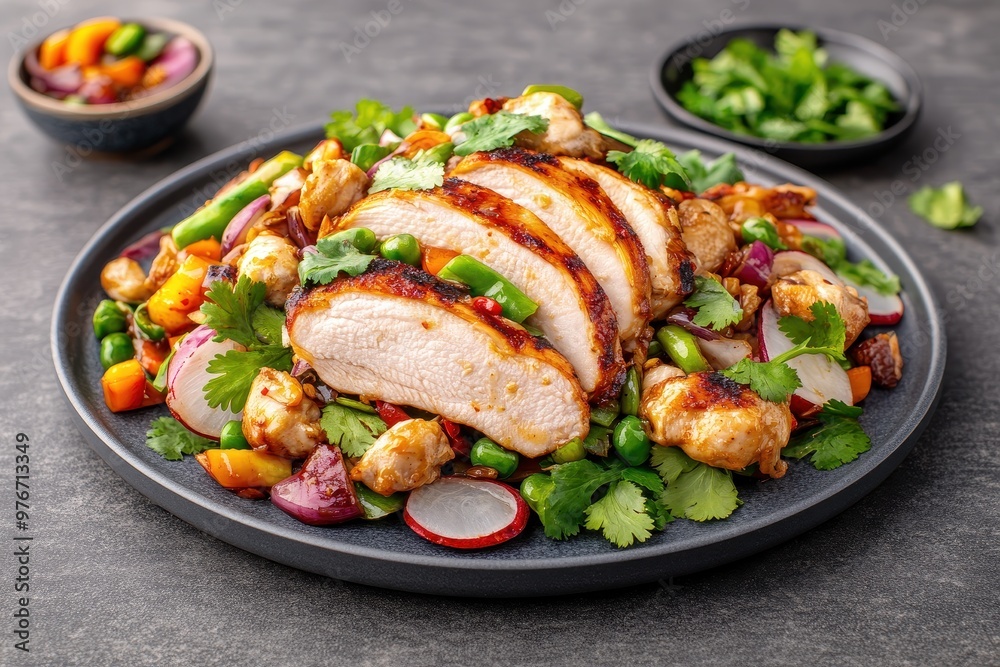 Delicious grilled chicken served on a vibrant salad with fresh vegetables and herbs, perfect for healthy meals. Delicious grilled chicken served on a vibrant salad with fresh vegetables and herbs, perfect for healthy meals.