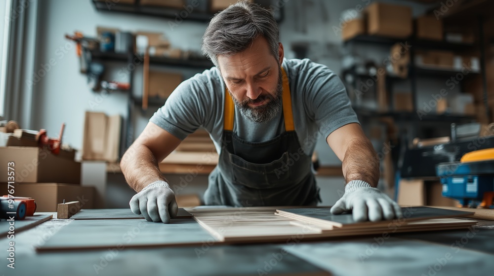 Focused carpenter working meticulously in a workshop, shaping and assembling wooden pieces on a table using precision tools.