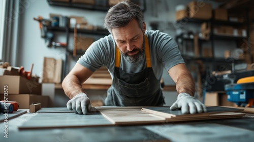 Focused carpenter working meticulously in a workshop, shaping and assembling wooden pieces on a table using precision tools.