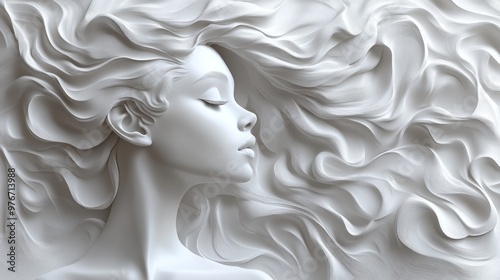 A sculptural representation of a serene female profile with flowing hair.