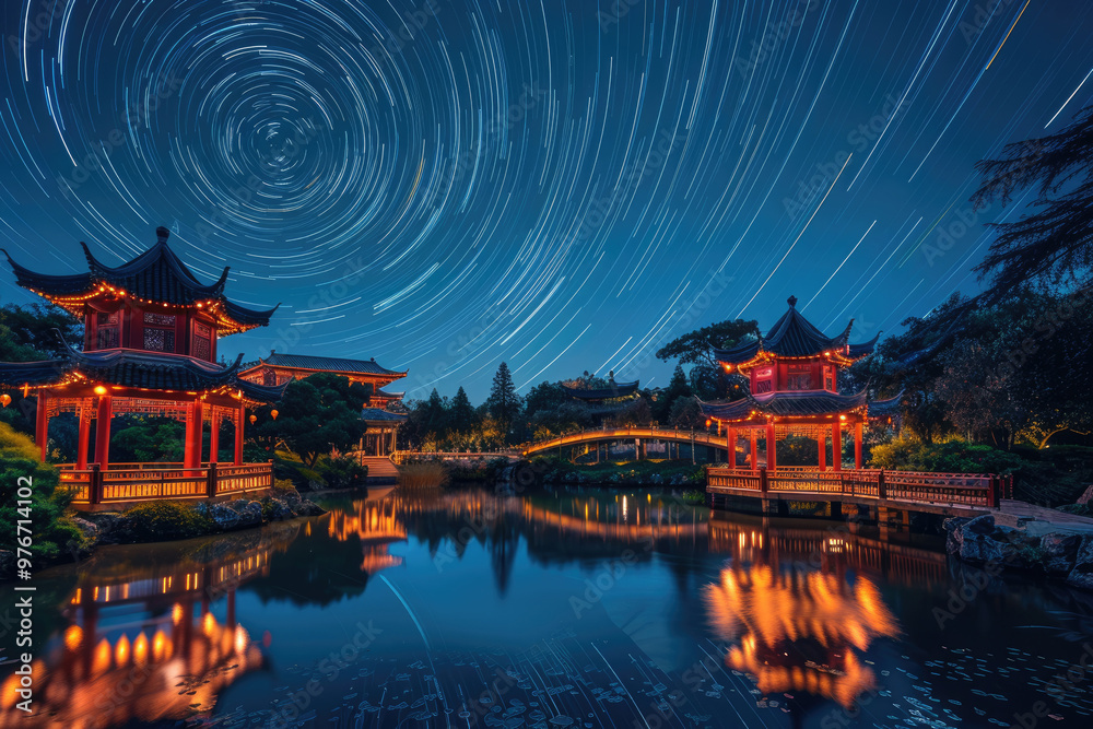 Obraz premium Pavilions, towers, and the starry sky