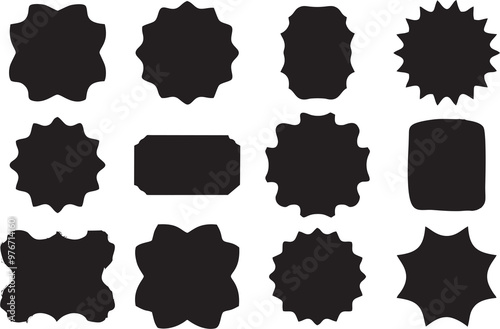 Geometric shapes, Empty black label or price tags on white background. Stickers of various shapes for sale and business promotion. Badge star, sticker starburst shape, sale price tag designing idea.