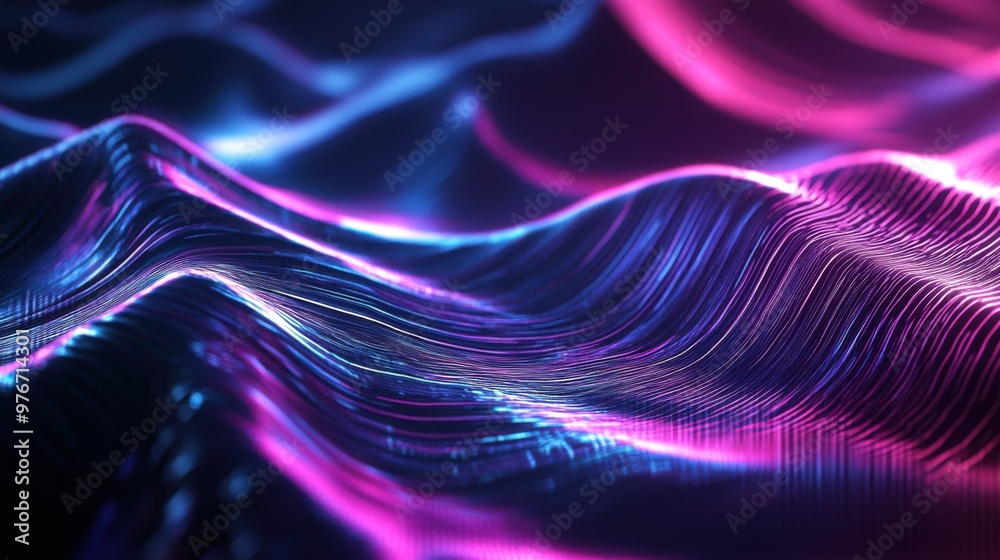 Futuristic neon wave patterns in abstract landscape with glowing blue and pink lights Futuristic neon wave patterns in abstract landscape with glowing blue and pink lights