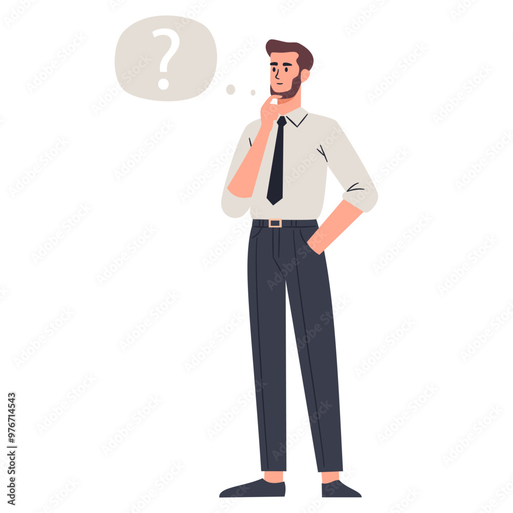 Flat vector illustration on white background. man in office clothes thinking about a problem, speech bubble and question mark. Vector illustration Flat vector illustration on white background. man in office clothes thinking about a problem, speech bubble and question mark. Vector illustration