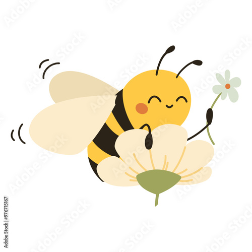 Cute vector illustration in children's style. Cute bee sitting on a daisy and holding a daisy in her paws. Illustration on white background. Vector illustration