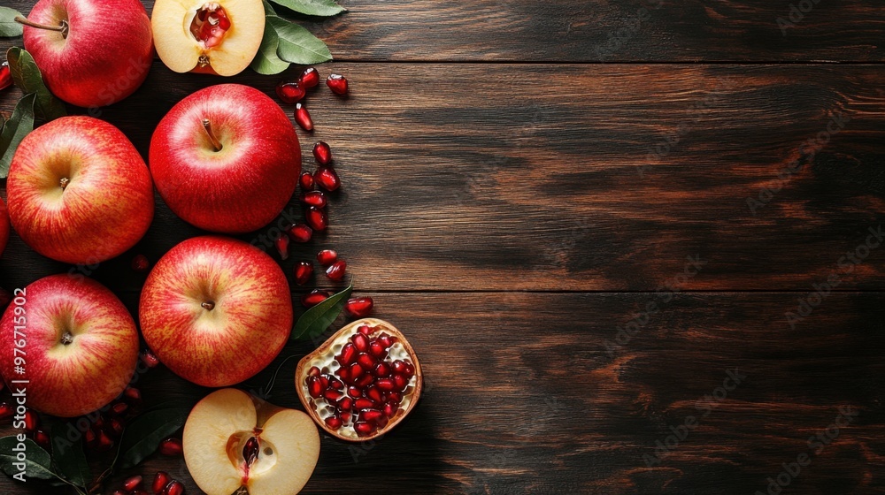 Red apples and pomegranates arranged on rustic wooden background with copy space for rosh hashanah celebration Red apples and pomegranates arranged on rustic wooden background with copy space for rosh hashanah celebration