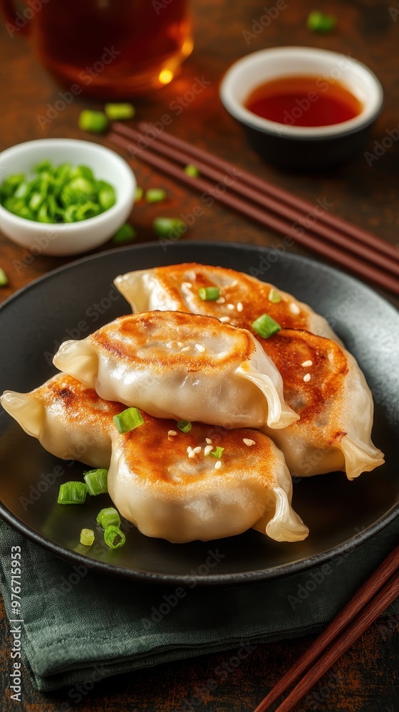 Deliciously cooked dumplings served on a plate, garnished with green onions and accompanied by dipping sauce. Deliciously cooked dumplings served on a plate, garnished with green onions and accompanied by dipping sauce.