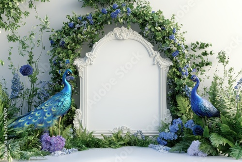 A white frame with two blue peacocks on either side of it photo