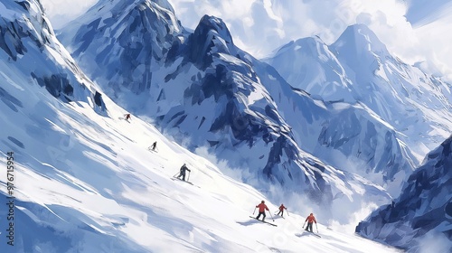 extreme skiers are enjoying a beautiful sunny day going down a snowy mountain. The fresh powder snow is blowing up behind them as they make their way down the mountain. Winter sports