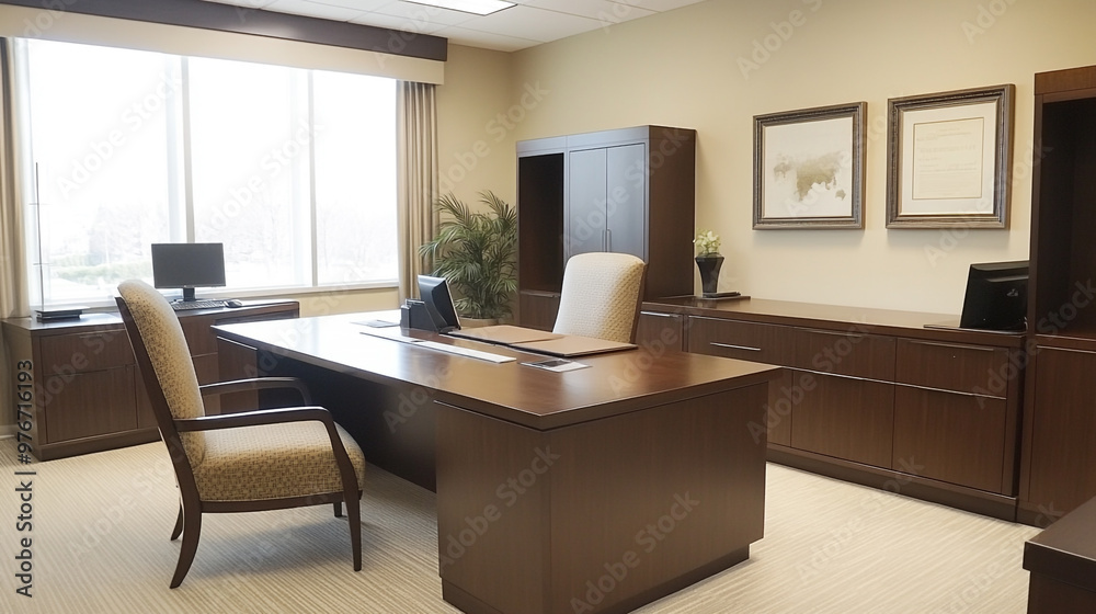 Fototapeta premium Modern wooden office interior with desktop, equipment, window with city view, modern natural material and creative design working space working room