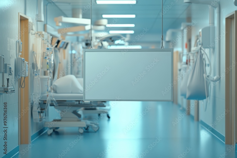A hospital hallway with a white board hanging from the ceiling A hospital hallway with a white board hanging from the ceiling