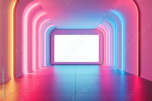 A neon colored room with a white wall and a large screen