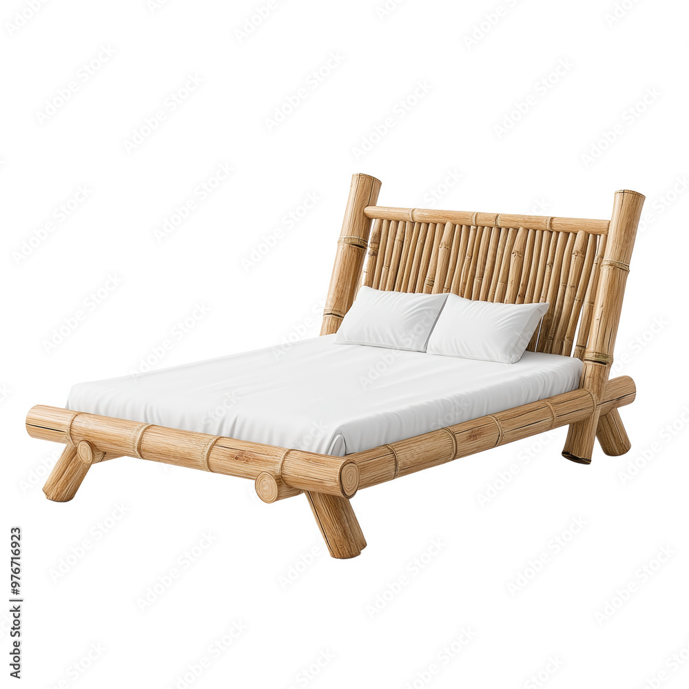 Stylish bamboo bed frame with mattress and pillows for modern decor Stylish bamboo bed frame with mattress and pillows for modern decor