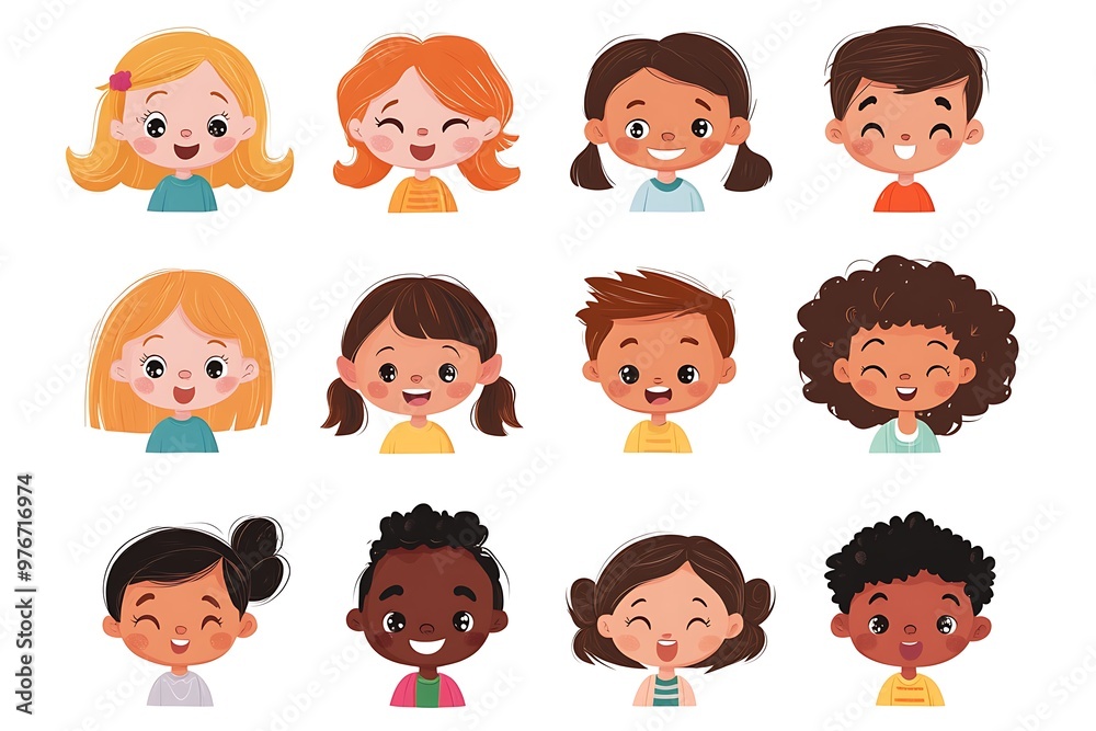 A Diverse Group of Cartoon Children Smiling Joyfully A Diverse Group of Cartoon Children Smiling Joyfully