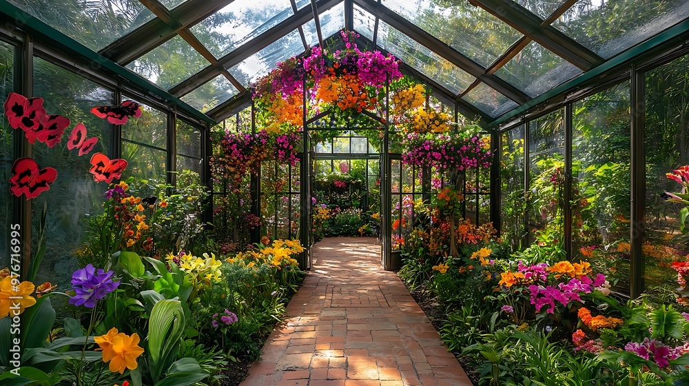 Glasshouse teeming with bright flowers and delicate butterflies, highlighting a kaleidoscope of colors and nature's beauty.