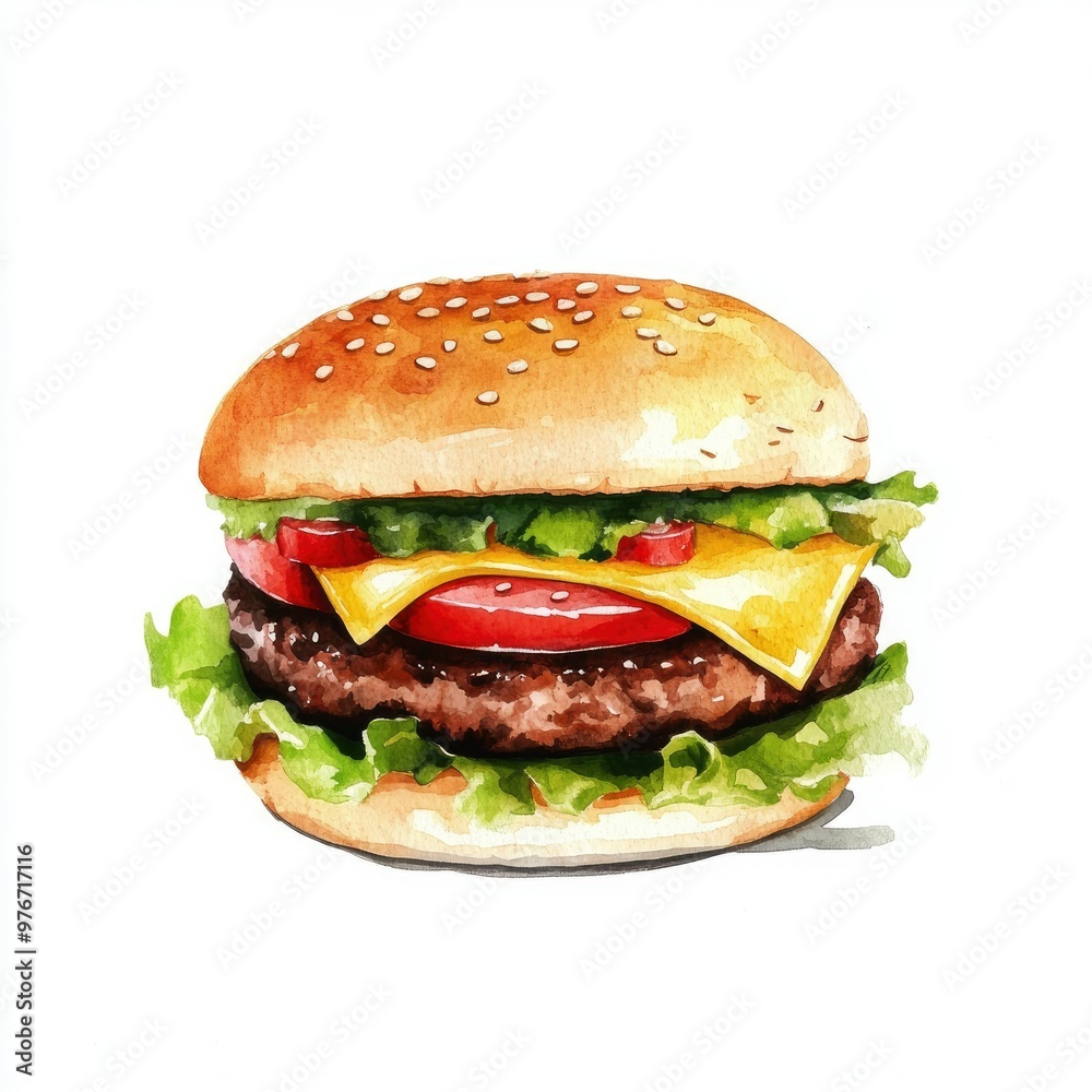 Watercolor Illustration of a Cheeseburger with Lettuce, Tomato, and Sesame Seed Bun Watercolor Illustration of a Cheeseburger with Lettuce, Tomato, and Sesame Seed Bun