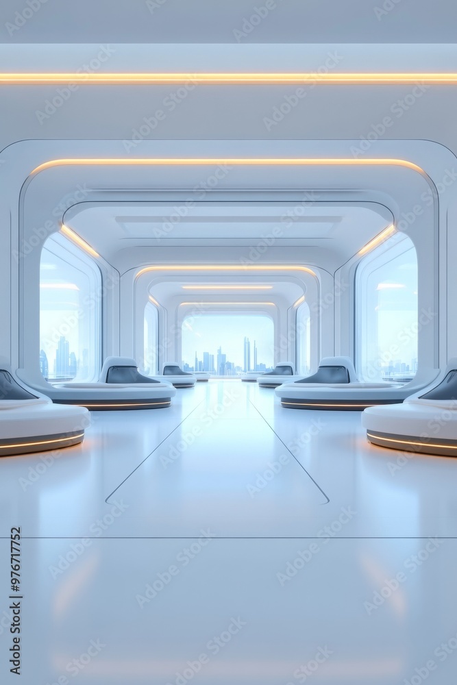 Modern interior of a sleek, futuristic lounge with minimalist design and large windows showcasing a vibrant cityscape. Modern interior of a sleek, futuristic lounge with minimalist design and large windows showcasing a vibrant cityscape.