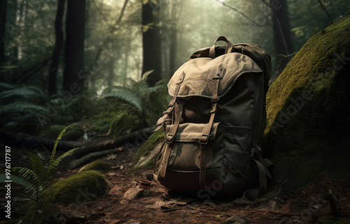 Vintage Backpack in a Foggy Forest