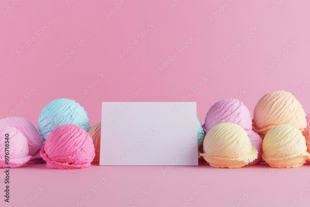 A white sign is placed in front of a row of colorful ice cream scoops A white sign is placed in front of a row of colorful ice cream scoops