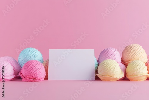 A white sign is placed in front of a row of colorful ice cream scoops