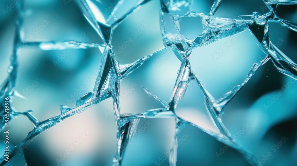 Detailed close-up of broken glass shards against blurred blue background Detailed close-up of broken glass shards against blurred blue background