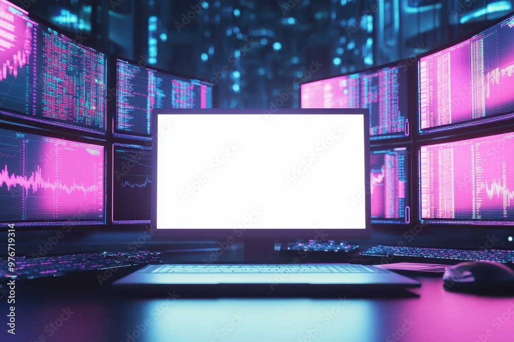A computer monitor sits on a desk with four other monitors A computer monitor sits on a desk with four other monitors