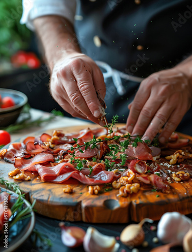 Chef's Culinary Presentation of Jamon Iberico with Fresh Ingredients