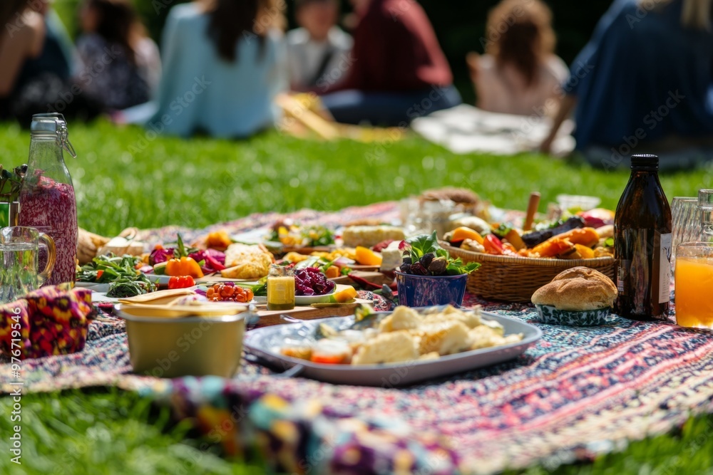 A vibrant picnic scene with a colorful spread of food on a blanket. Friends enjoy snacks and drinks in a sunny park. It captures joy and togetherness. Generative AI A vibrant picnic scene with a colorful spread of food on a blanket. Friends enjoy snacks and drinks in a sunny park. It captures joy and togetherness. Generative AI