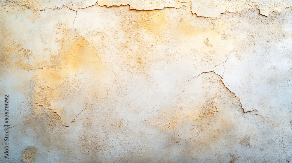 A chipped wall with layers of faded paint, exposing the rough surface underneath, shades of pale yellow and gray, cracked edges, top view A chipped wall with layers of faded paint, exposing the rough surface underneath, shades of pale yellow and gray, cracked edges, top view
