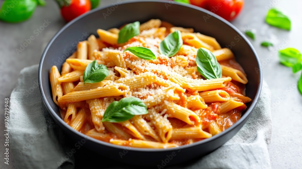 Delicious penne pasta with fresh basil and grated cheese served in black bowl on a textured surface surrounded by tomatoes. Delicious penne pasta with fresh basil and grated cheese served in black bowl on a textured surface surrounded by tomatoes.