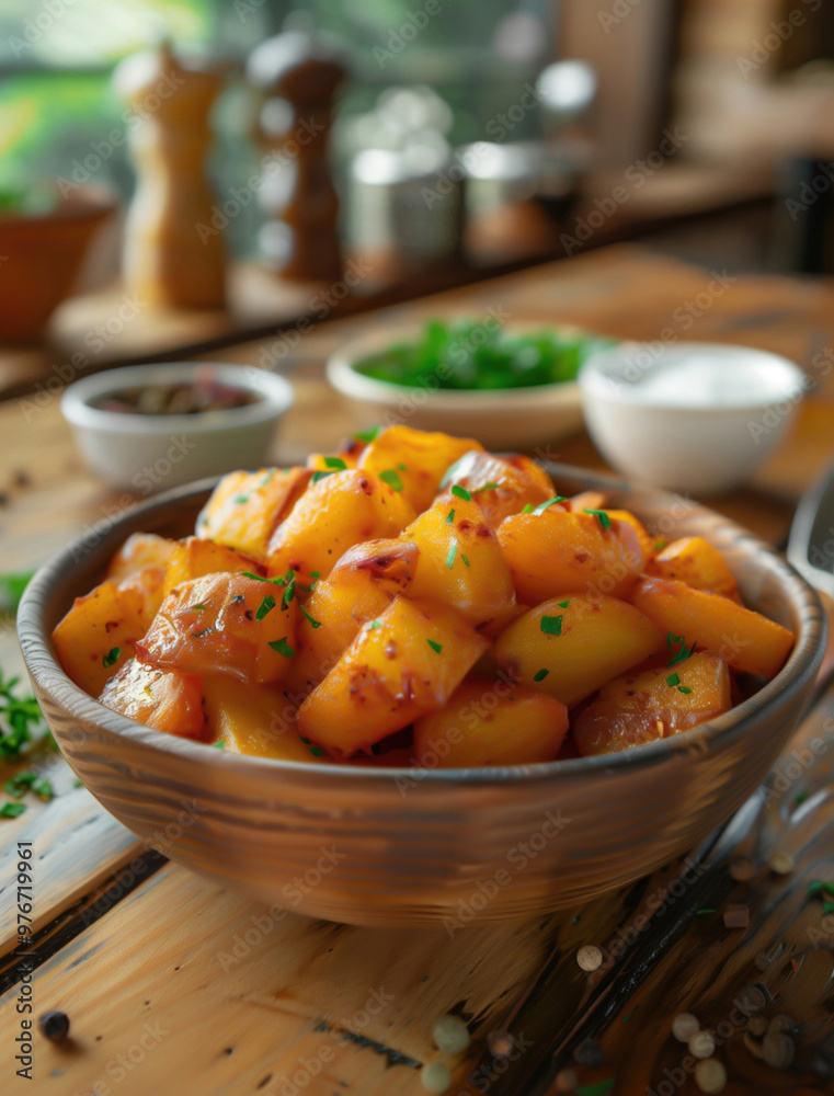 Close up of Patatas Bravas, Spanish fried potato tapas dish Close up of Patatas Bravas, Spanish fried potato tapas dish