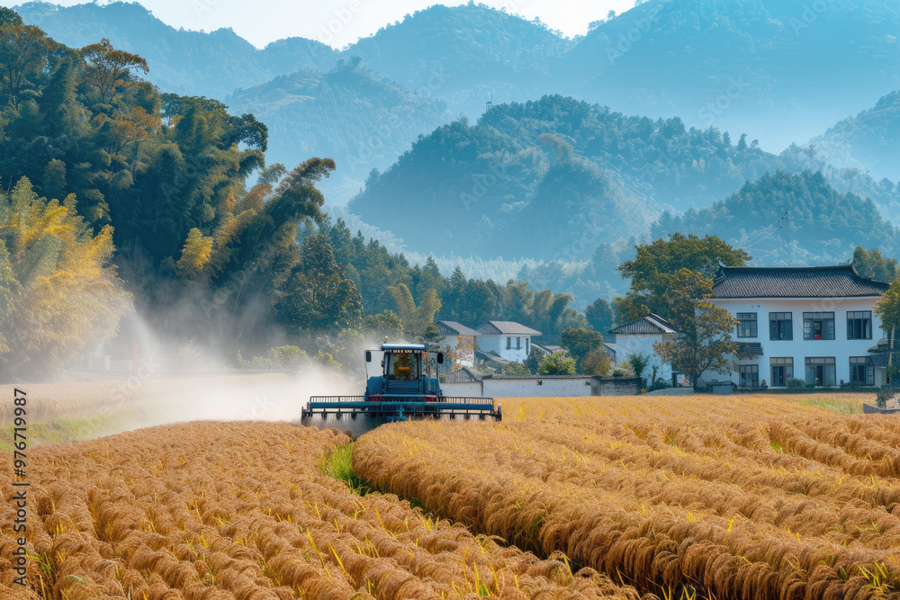 Obraz premium During the harvest season, harvesters work in the fields
