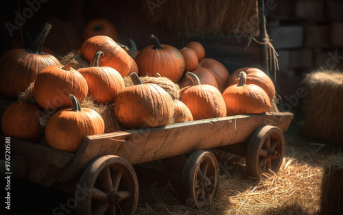 Rustic Wooden Wagon Filled with Pumpkins for Autumn Harvest